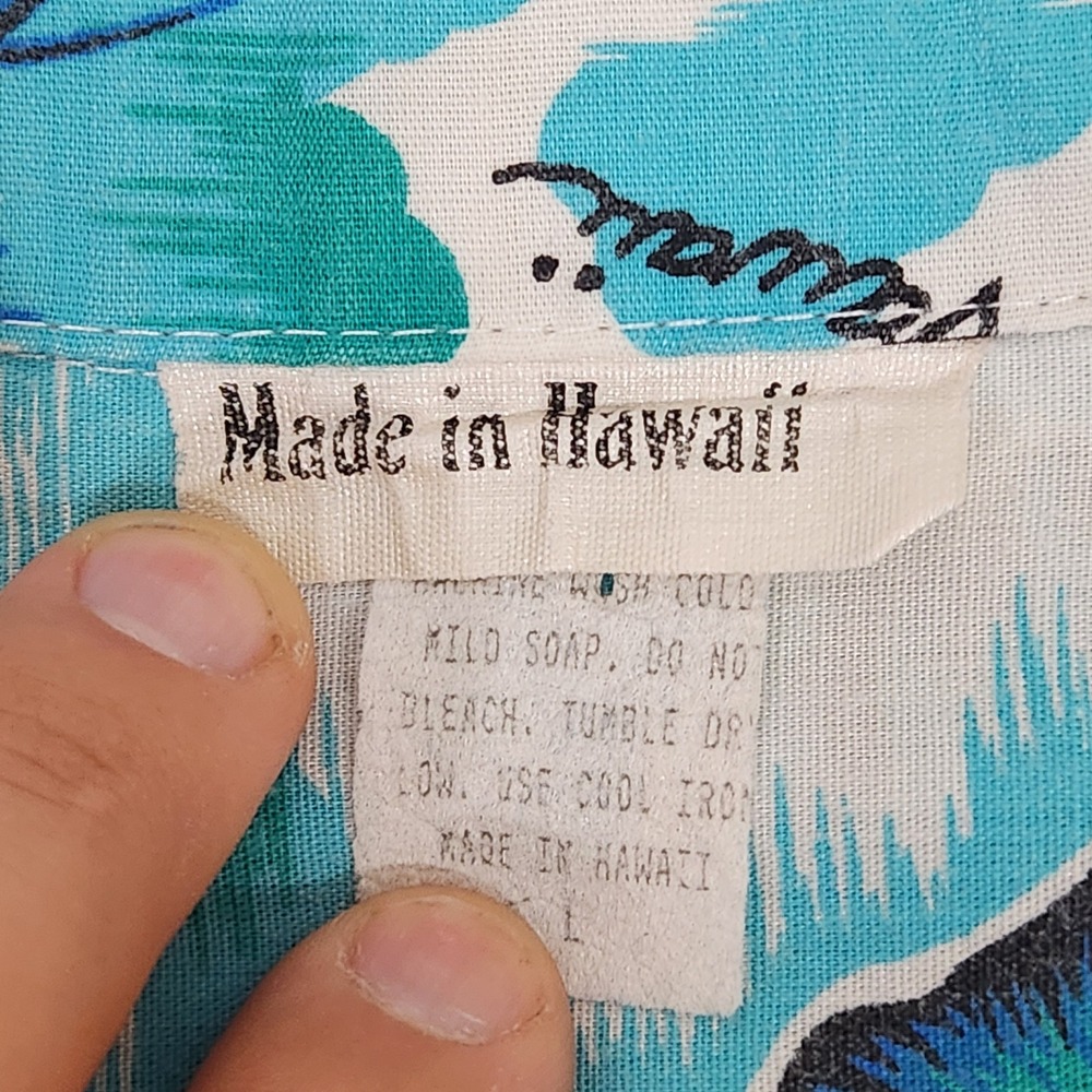 Vintage Made in Hawaii Aloha Shirt Mens Large Teal Blue Tropical Pineapple Palm - Picture 3 of 5